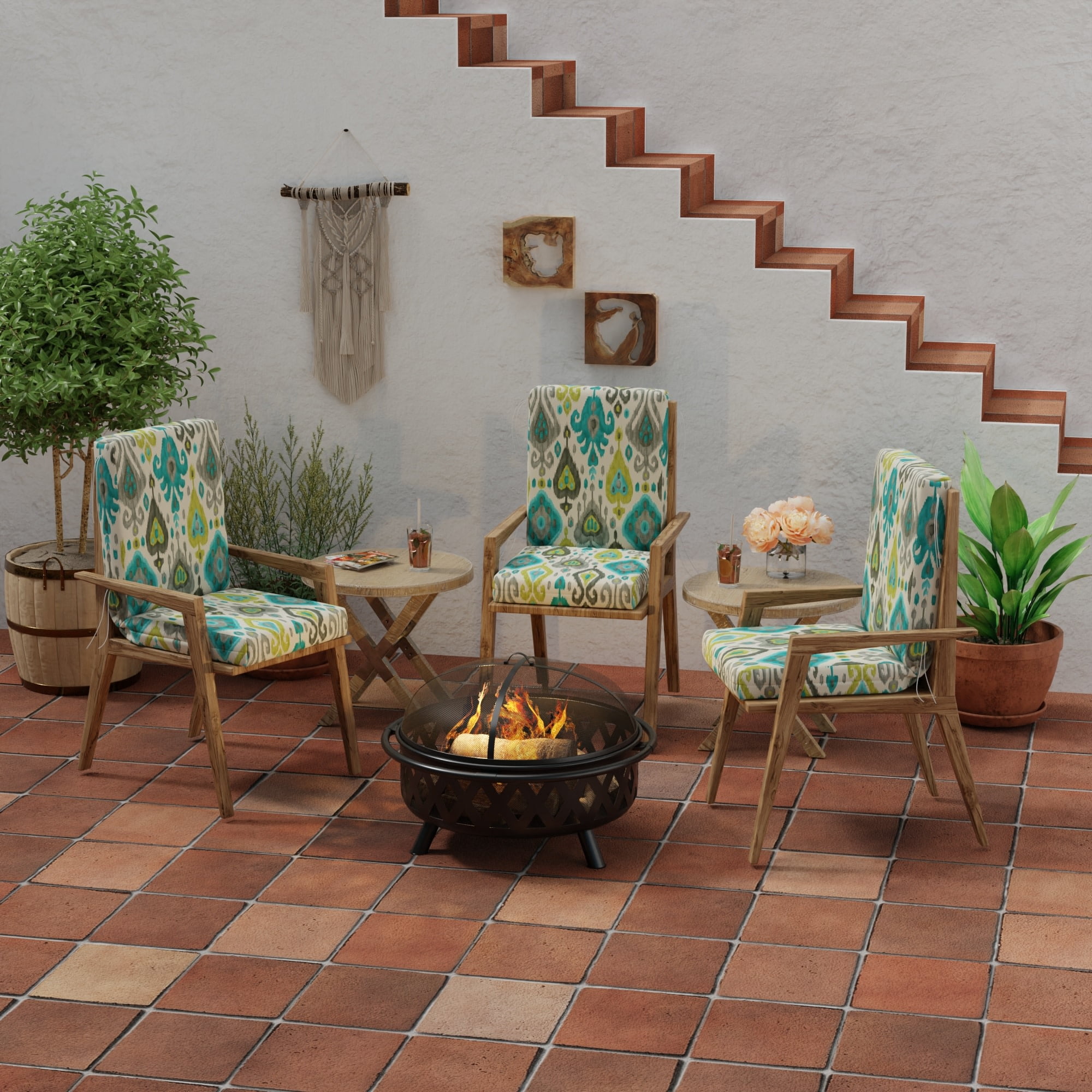 Jordan Manufacturing 44" x 22" Paso Turquoise Multicolor Ikat Rectangular Outdoor Chair Cushion with Ties