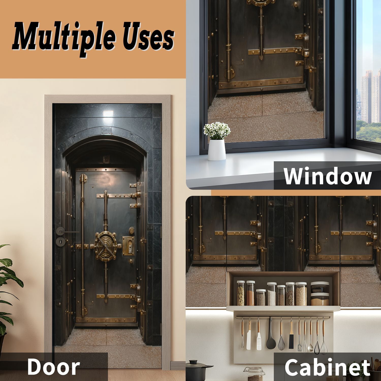 Self Adhesive Vinyl Refrigerator Wrap Set Antique Bank Vault Door Door Mural Removable Fridge Sticker Peel and Stick&nbsp;Full Door Cover Decal Kitchen Bar Decor