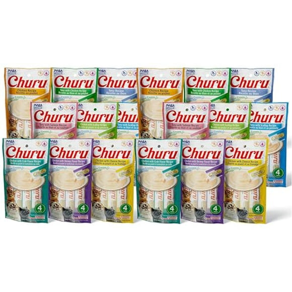 INABA Churu Friandises pour Chats, Sans Céréales, Léchables, Pressables, Pureté Crémeuse avec Vitamine E & Taurine, 0.5 Onces par Tube, 72 Tubes (4 par Paquet), 9 Variétés de Saveurs