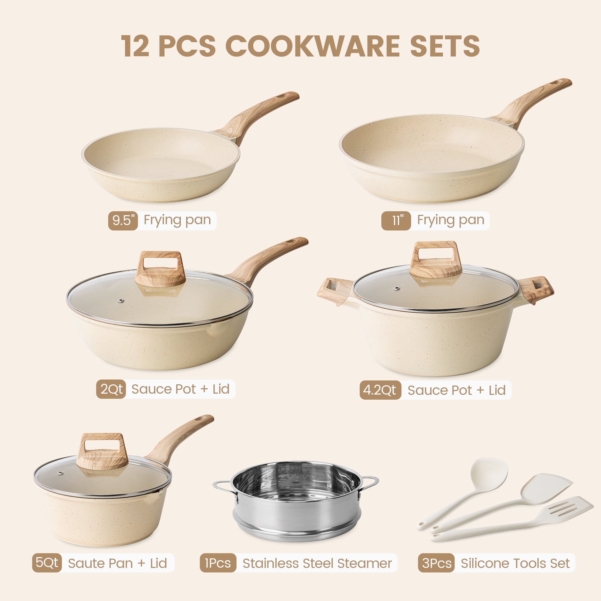 Younghome Nonstick Pots and Pans Set,12 Pcs Induction Kitchen Cookware Cooking Sets,Dishwasher Safe, Ergonomic Handle