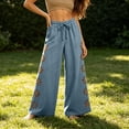 thumbnail image 7 of IUYRTFE Women's Linen Blend Wide Leg Pants with Drawstring Elastic Waist and Pockets Casual Relaxed Fit Trousers, 7 of 7