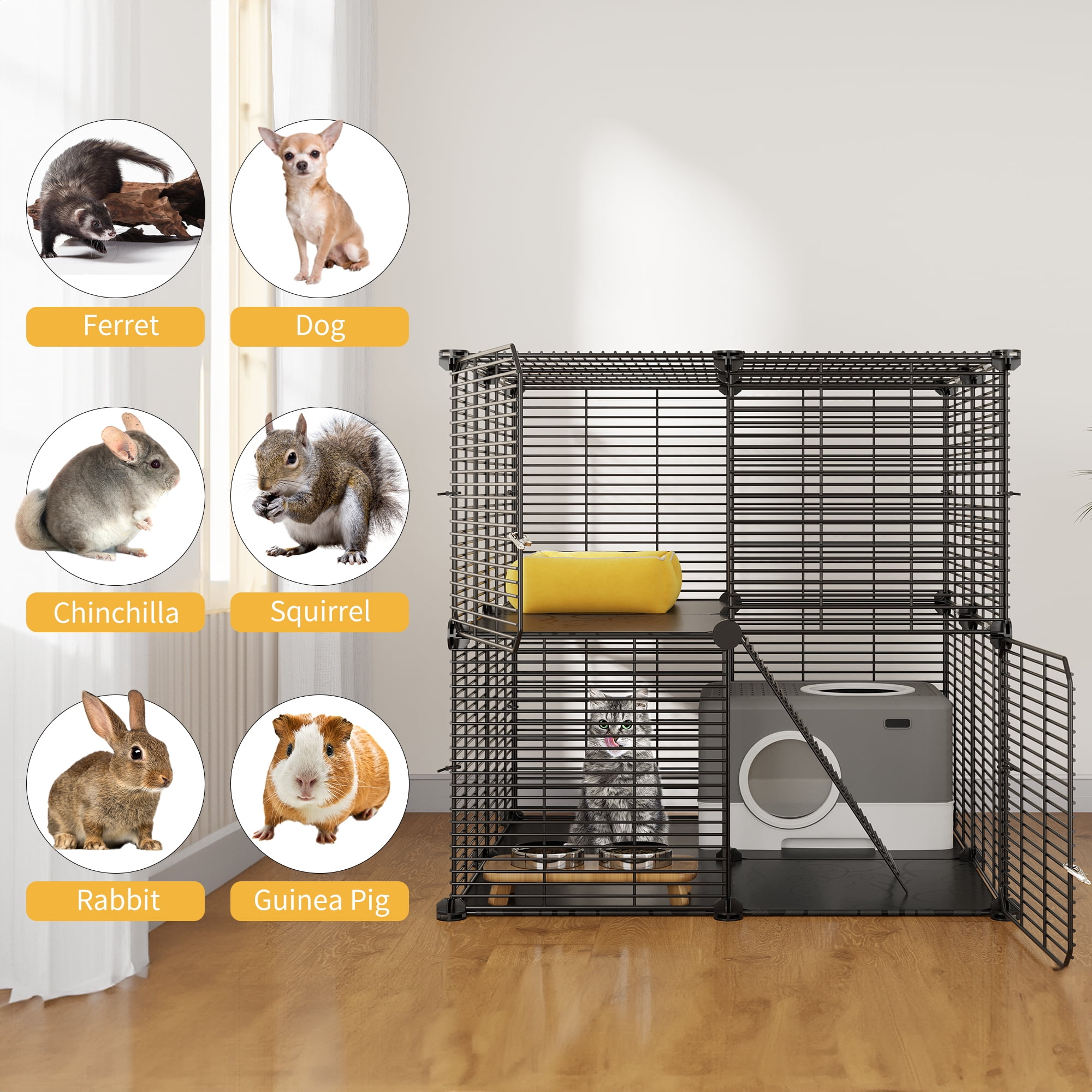 Uforic 2-Tier Cat Cage,Indoor DIY Pet Playpen Metal Cat Kennel for 1-2 Cats, Ferrets, Chinchillas, Rabbits, Kittens,Travel and Camping,28"L x 28"W x 28"H,Black