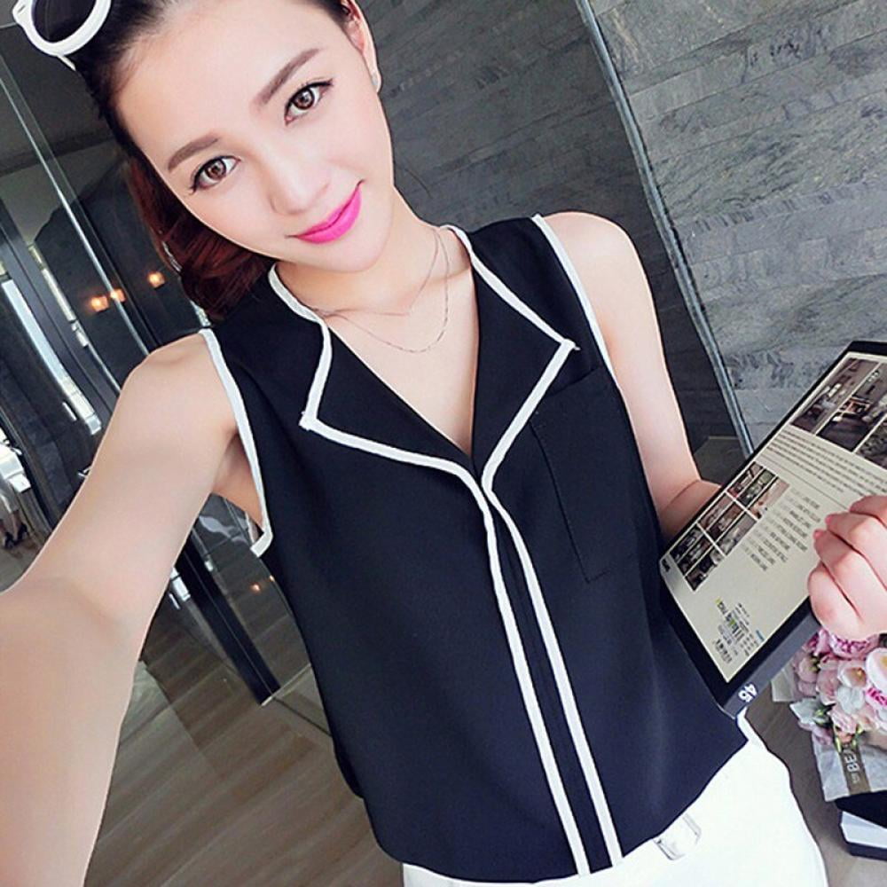 Solid Sleeveless Turn-down Collar Shirt 