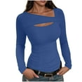 thumbnail image 1 of Lenpel T-Shirts pour Femmes à Manches Longues, Encolure Asymétrique, Ajourés, Côtelés, Tunique Ajustée, T-Shirts Tendance pour Sorties (Bleu Foncé, Très Grand), 1 of 7