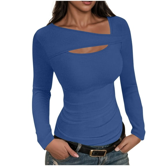 APEXFWDT Women's Ribbed Long Sleeve Top Cut-Out Neckline Slim Fit Shirt Basic Tee for Fall/Winter,XXXL,Dark Blue