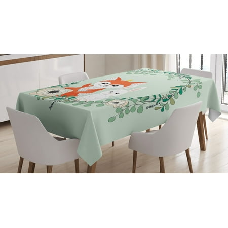 

Cartoon Animal Tablecloth Sweet Spring Friends Rabbit and Fox Floral Cartoon Rectangular Table Cover for Dining Room Kitchen 60 X 84 Pale Green Vermilion and Champagne by Ambesonne