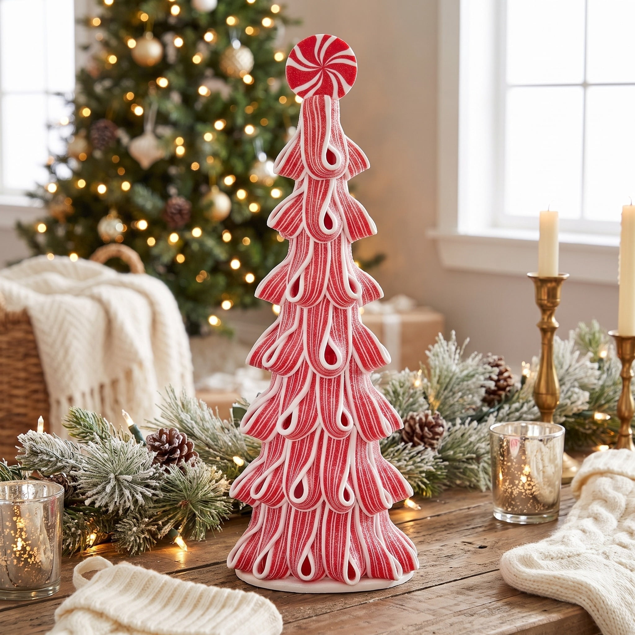 Ribbon Candy Tree Christmas Decoration, Red and White, 14", by Holiday Time