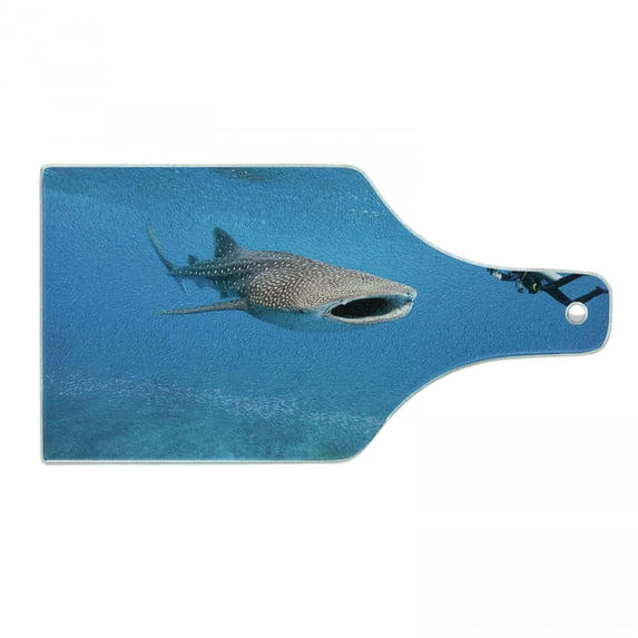 Shark Cutting Board, Giant Whale Shark and Underwater Photographer in Wildlife Diving Image, Tempered Glass Cutting and Serving Board, Wine Bottle Shape, Violet Blue Pale Grey, by Ambesonne
