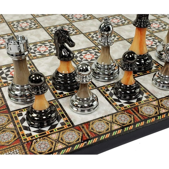 Staunton Chrome  Black Pro Plastic Chess Men Set W 17" Mosaic Color Board