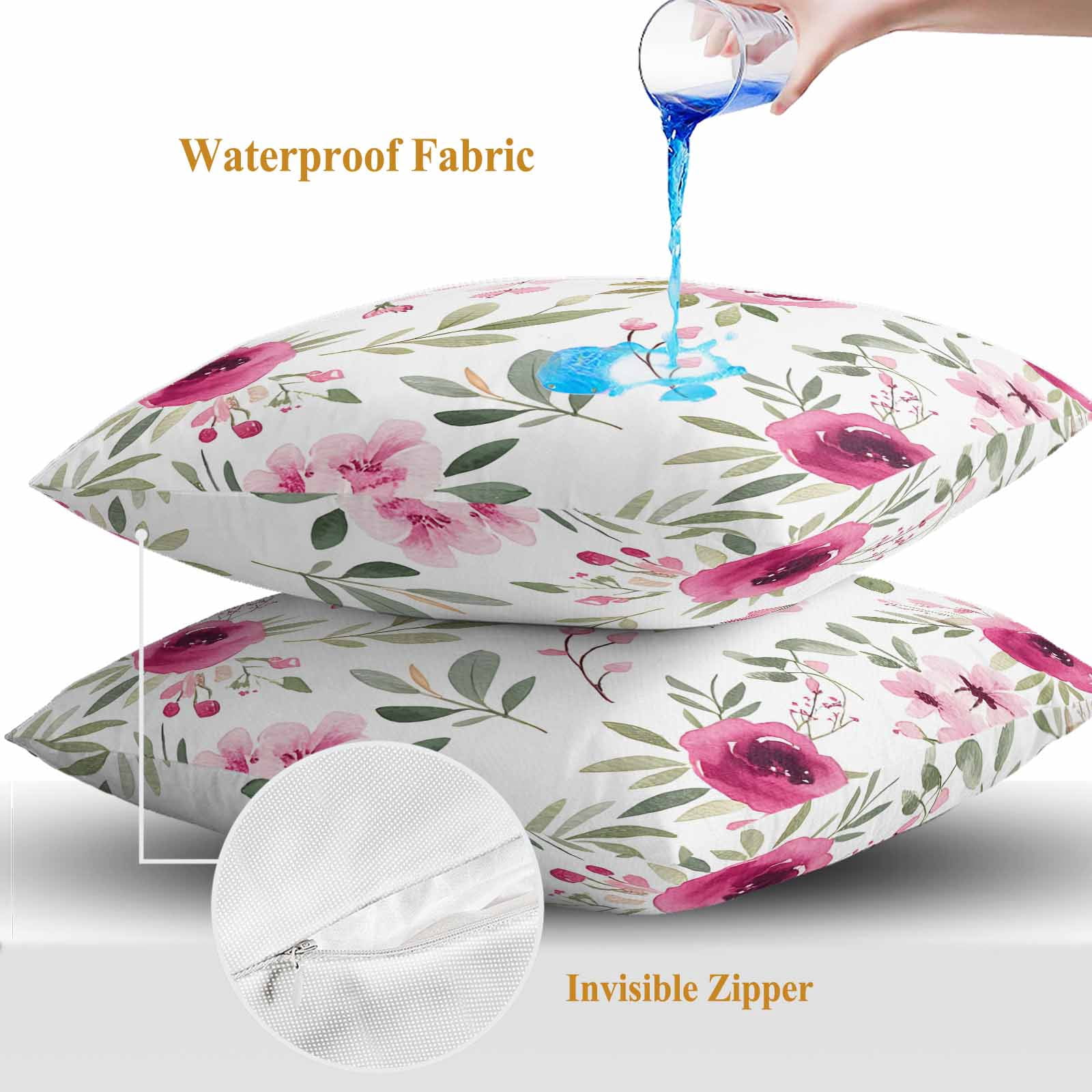 Outdoor Waterproof Throw Pillow Covers Set of 2 Pink Flowers Decorative Pillowcases Square Outdoor Pillows Cushion Case 18x18 Inch Floral Leaves Plant Patio Pillows for Couch Sofa Bed Garden