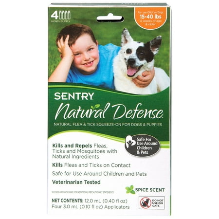 SENTRY Natural Defense Flea and Tick Topical for Dogs, 15-40 lbs, 4 Month Supply, Kills and repels fleas, ticks and mosquitoes with natural ingredients By SENTRY Pet (Best Way To Kill Ticks On Dogs)