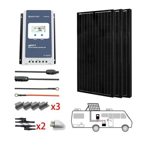 ACOPOWER 300W All Black Mono Solar RV Kits, 30A MPPT Charge Controller