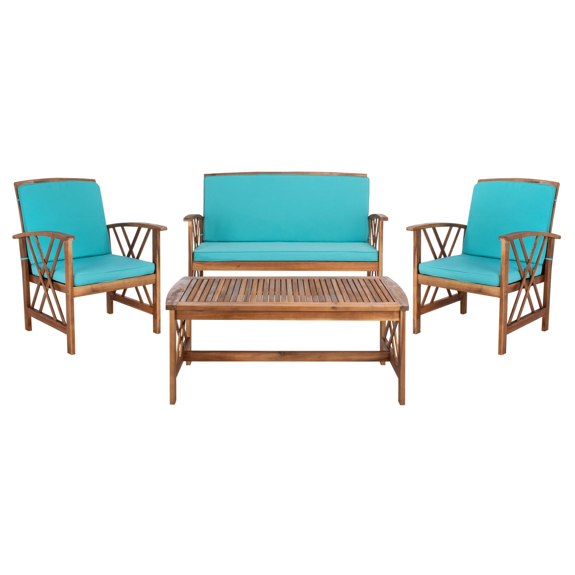 SAFAVIEH Fontana Outdoor Patio 4 Pc Conversational Set, Natural/Aqua