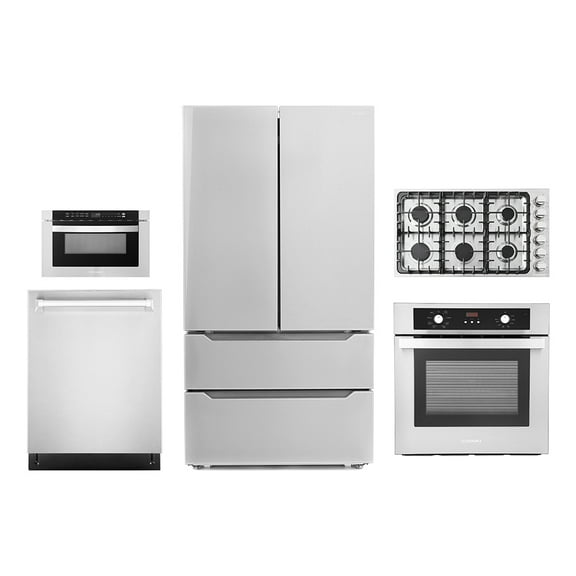 5 Piece Kitchen Package With 36" Gas Cooktop 24" Built-in Fully Integrated Dishwasher 24" Single Electric Wall Oven 24" Built-In Microwave Drawer & French Door Refrigerator