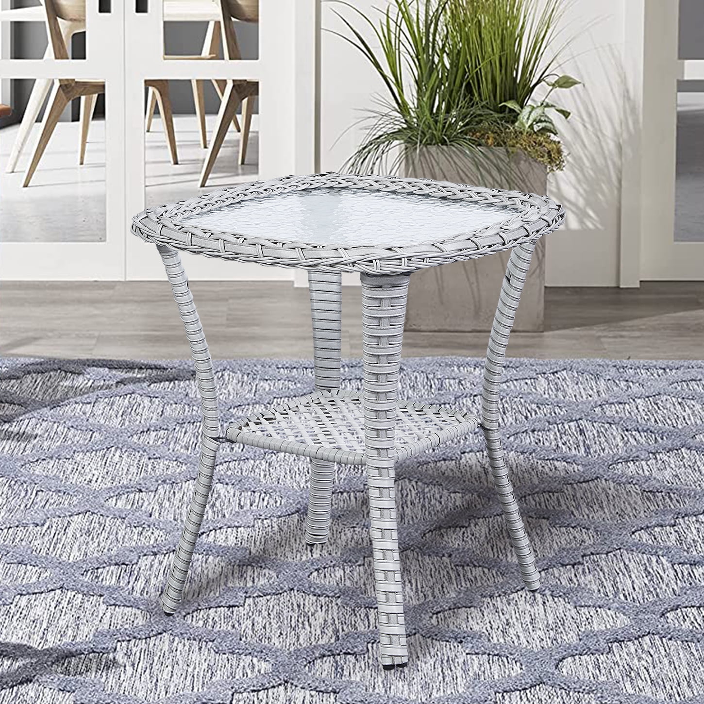 OPOHORO Outdoor Wicker Side Table,22x20x20 inch All Weather Rattan Small Patio Table Square End Table for Pool Balcony Deck Porch Lawn Backyard, Light Gray