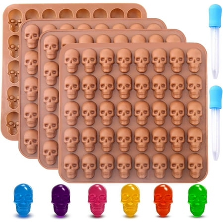 

Gummy Skull Candy Molds Silicone. 4 Pack 40 Cavity Non-Stick Skull Silicone Molds with 2 Droppers for Chocolate. Candy. Jelly. Ice Cube. Dog Treats