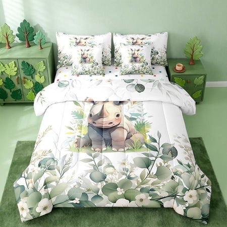 Kawaii Rhino Bedding Comforter Sets 7pcs Cartoon Animal Bed in a Bag Eucalyptus Leaves Twin Bedding Sets Woodland Wildlife Comforter Set Tropical Botanical Bedding Sets