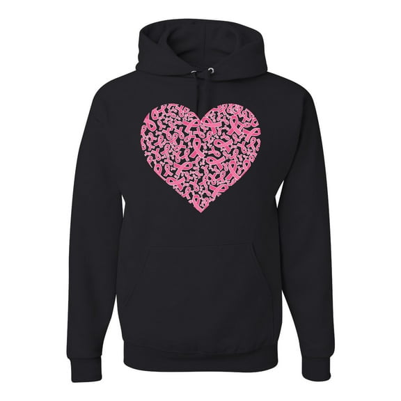 Wild Bobby, Pink Ribbon Heart, Breast Cancer Awareness, Unisex Graphic Hoodie Sweatshirt, Black, Small