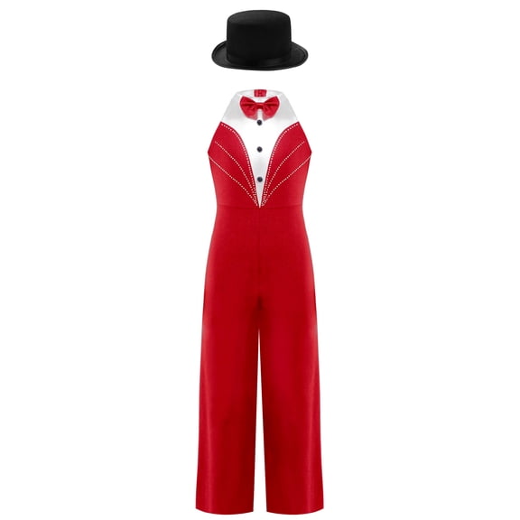 TiaoBug Kids Girls Magician Outfit Sleeveless Bowtie Tuxedo Leotard Jazz Dance Jumpsuit with Hat Red 16