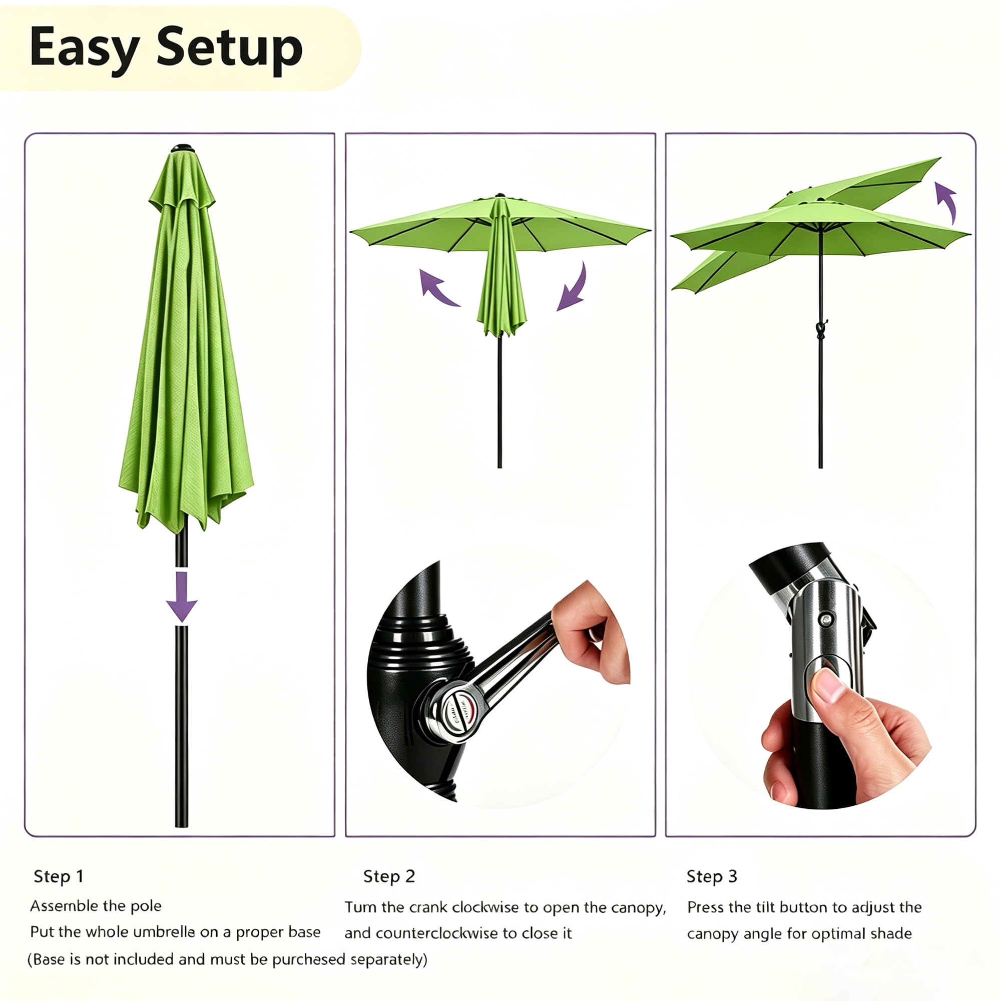 Kool 9 ft Outdoor Patio Market Umbrella with Push Button Tilt and Crank Handle, 8 Steel Ribs, Green