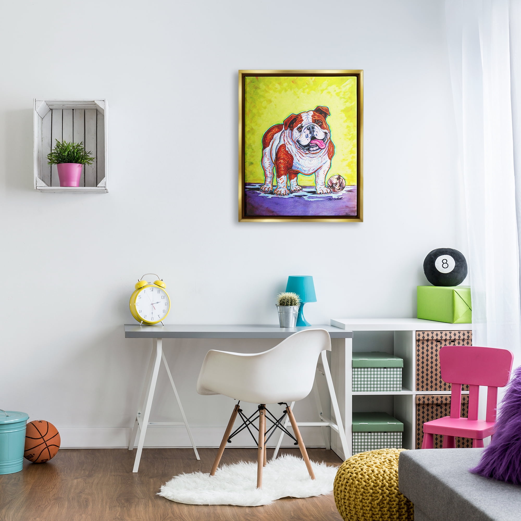 Stupell Industries Bulldog with Baseball Animals & Insects Painting Gold Floater Framed Art Print Wall Art, 25 x 31