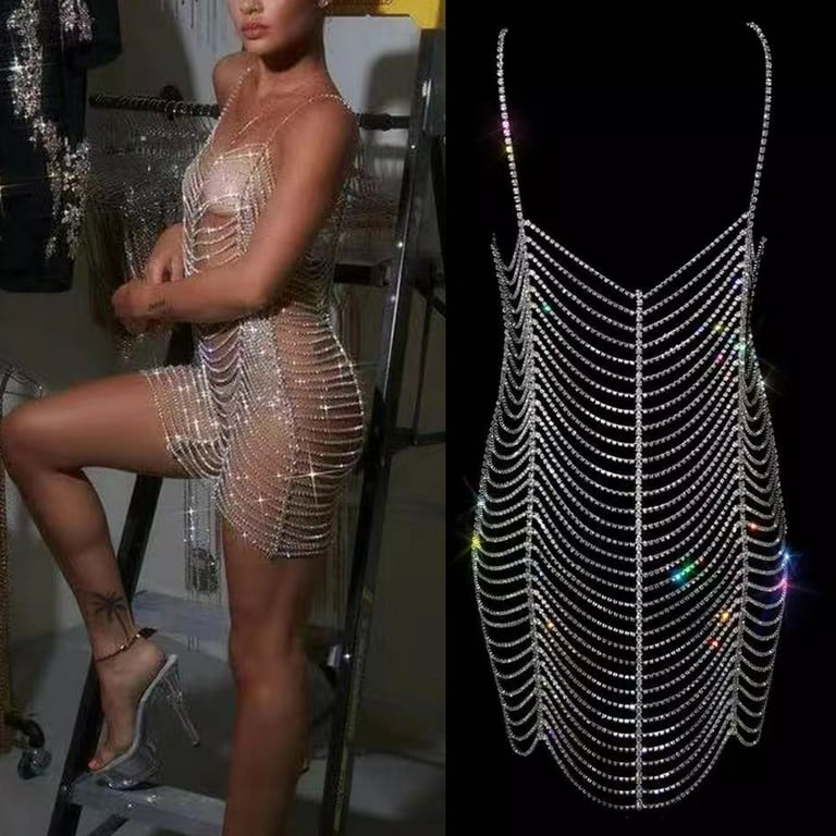 Women Sexy for Rhinestone Full Body Chain Harness Layered Crystal Dress  Beach Nightclub Party Jewelry Bikini Accessories