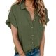 thumbnail image 1 of Blusa HOTOUCH de lino con cuello en V de manga corta para mujer, color verde militar, 1 of 5