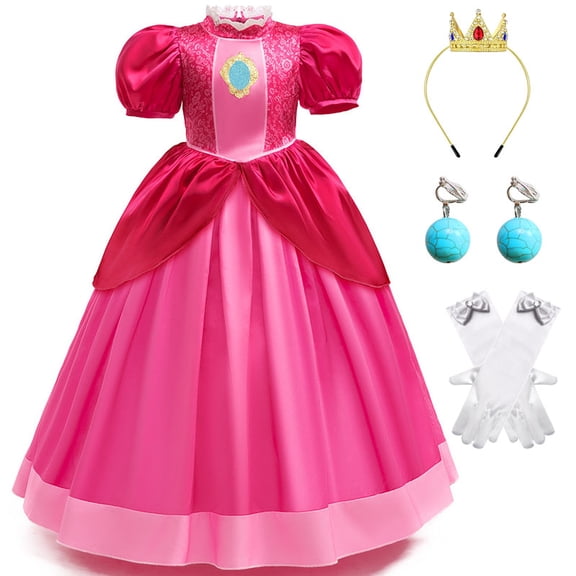 Princess Peach Costume Halloween Christmas Cosplay Dress with Rich Accessories 3-10Years
