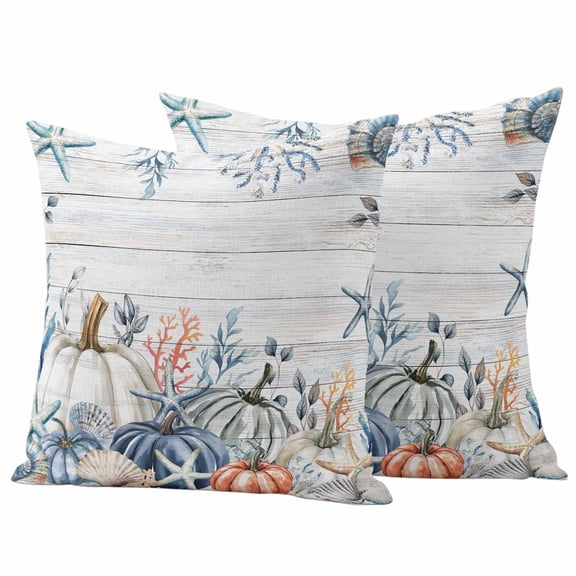 Pumpkin Coastal Outdoor Waterproof Pillow Covers, Blue Thanksgiving Starfish Shell Fall Decorative Square Throw Pillowcase Sofa Cushion Sham for Patio/Couch/Chair, 16"x16" 2 Pack