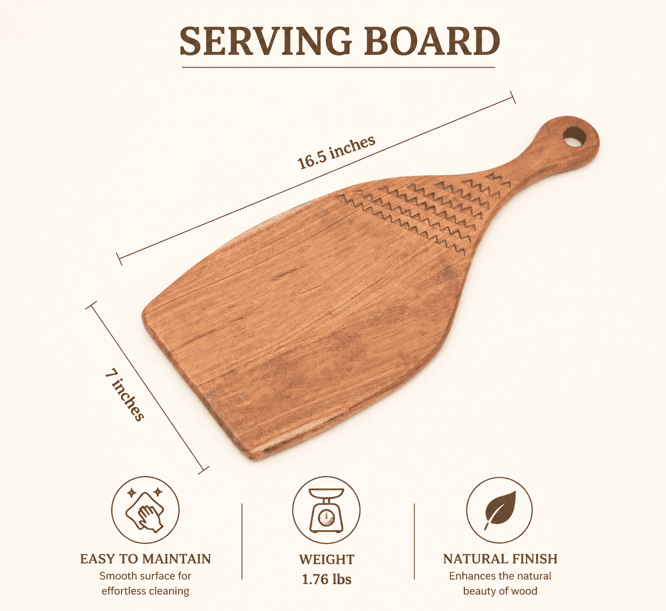 Acacia Wood Cutting Board with Handle, Handcrafted Wooden Chopping Board, Natural Finish Serving Board for Bread, Cheese, Fruits & Charcuterie, Decorative Paddle Board, 7 x 0.75 x 16.5 Inches