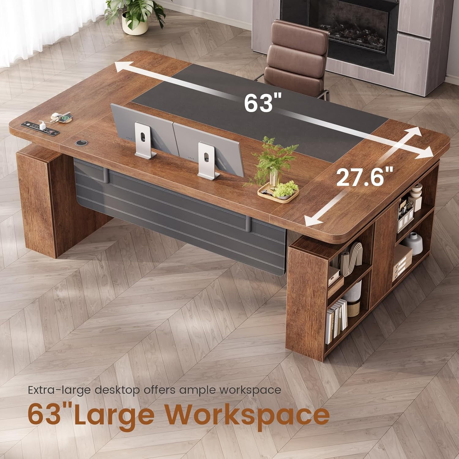 SEDETA 63" Standing Office Desk with Storage, Height Adjustable Executive Desk witj Power Outlets & Open Shelves, Large Computer Desk with Privacy Panel for Home Office, Brown