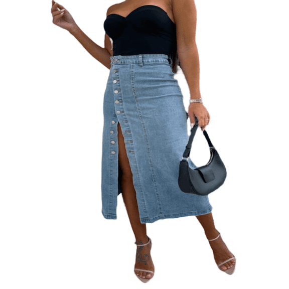 LYMAYTER High Waist Denim Skirt for Women Button Front Asymmetrical Jean Skirt Slit Stretchy Skirt S-2XL