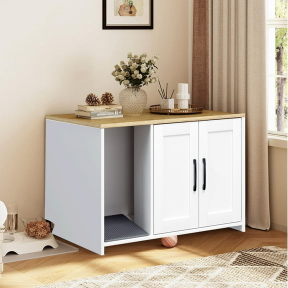 Cat Litter Box Enclosure, Hidden Litter Box Furniture with Divider, Indoor Cat House, Wooden pet House Side Table, for Living Room, Bedroom,White