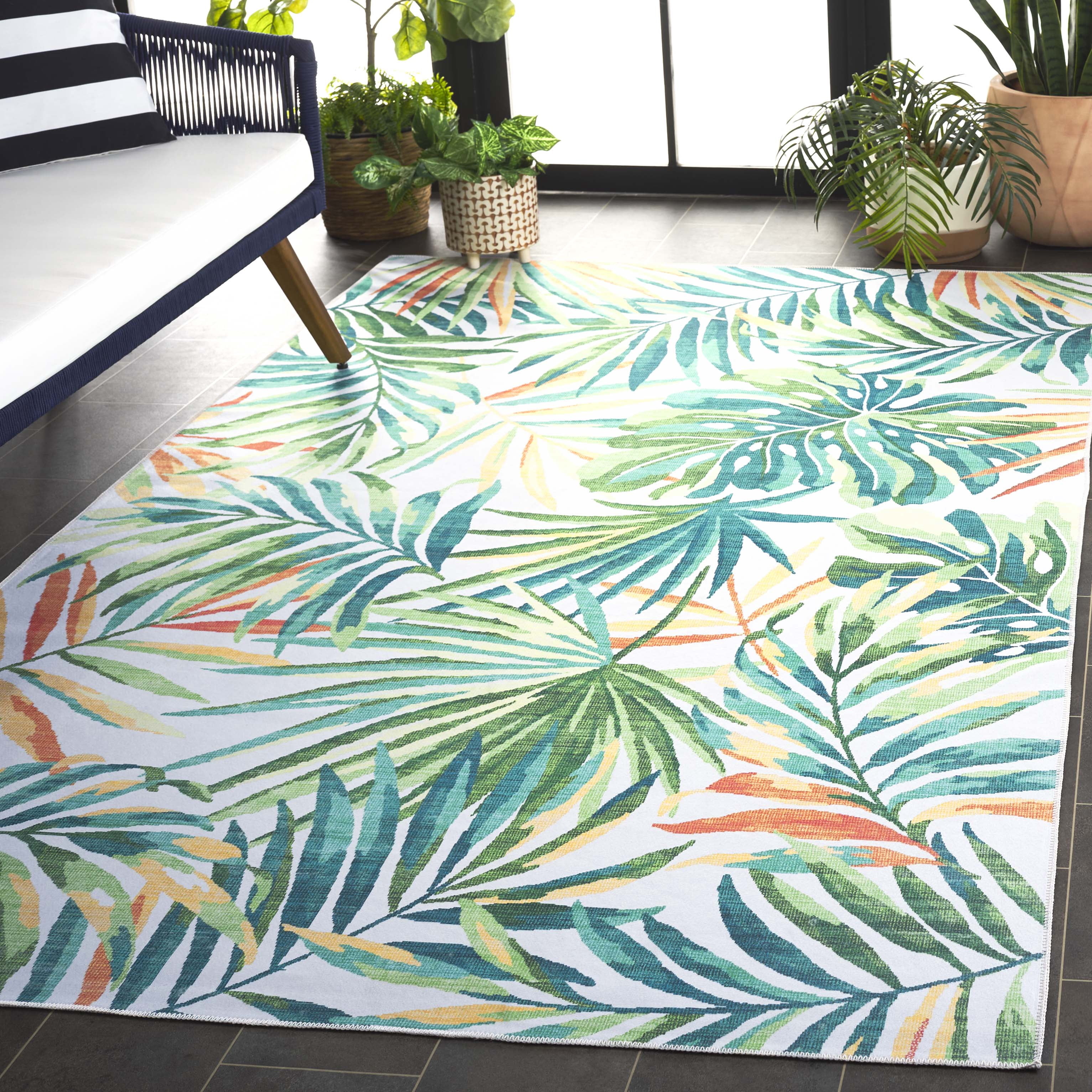 SAFAVIEH Malibu Faris Botanical Polyester Machine Washable Area Rug, Ivory/Green, 3' x 5'
