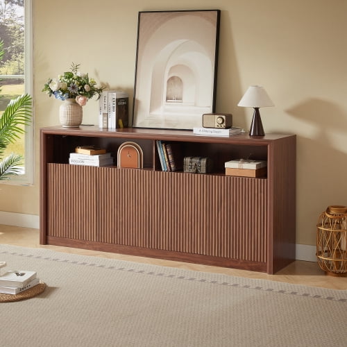 67" Wooden Sideboard Buffet Cabinet with LED Lights and Outlets, 4-Compartment Storage, Walnut