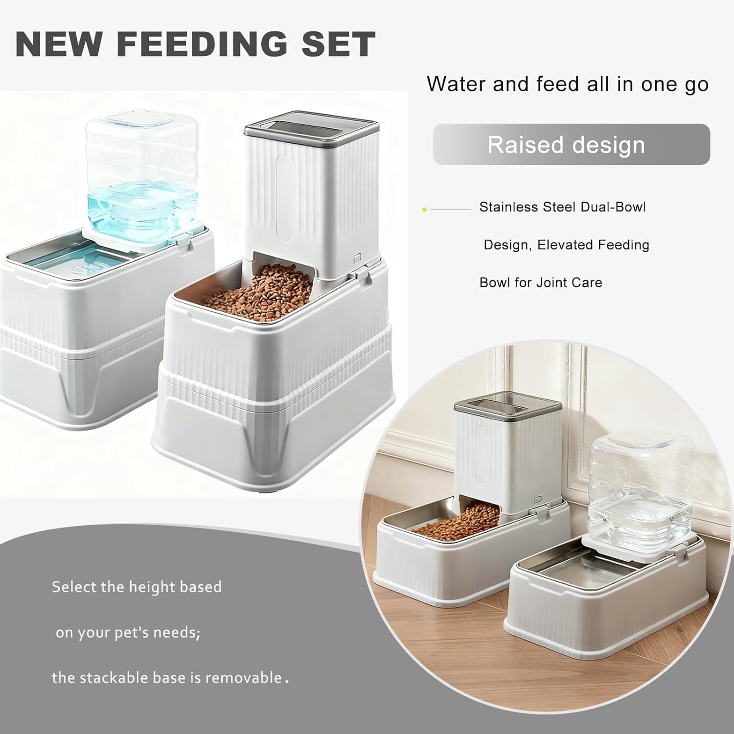 Elevated Dog Bowls Set, 1 Gallon Automatic Gravity Food Feeder & Water Dispenser with Stainless Steel Bowls, Adjustable Elevated Feeder for Small Medium Large Dogs, Anti-Choking & Neck Protection