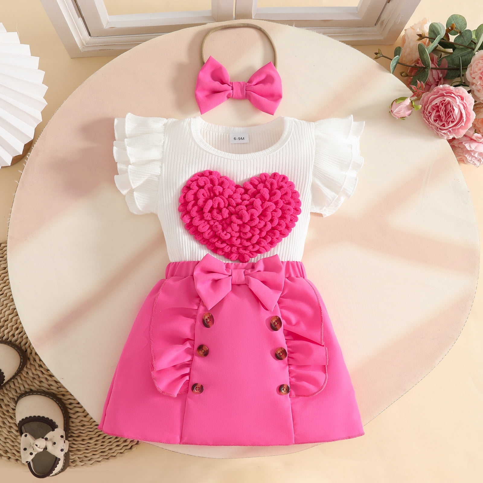 Faraee Toddler Baby Girl Skirts Outfit Infant Summer Clothes Ruffle Sleeveless Knit Vest Top A-Line Skirt Set with Headband (9-12M,Hot Pink)