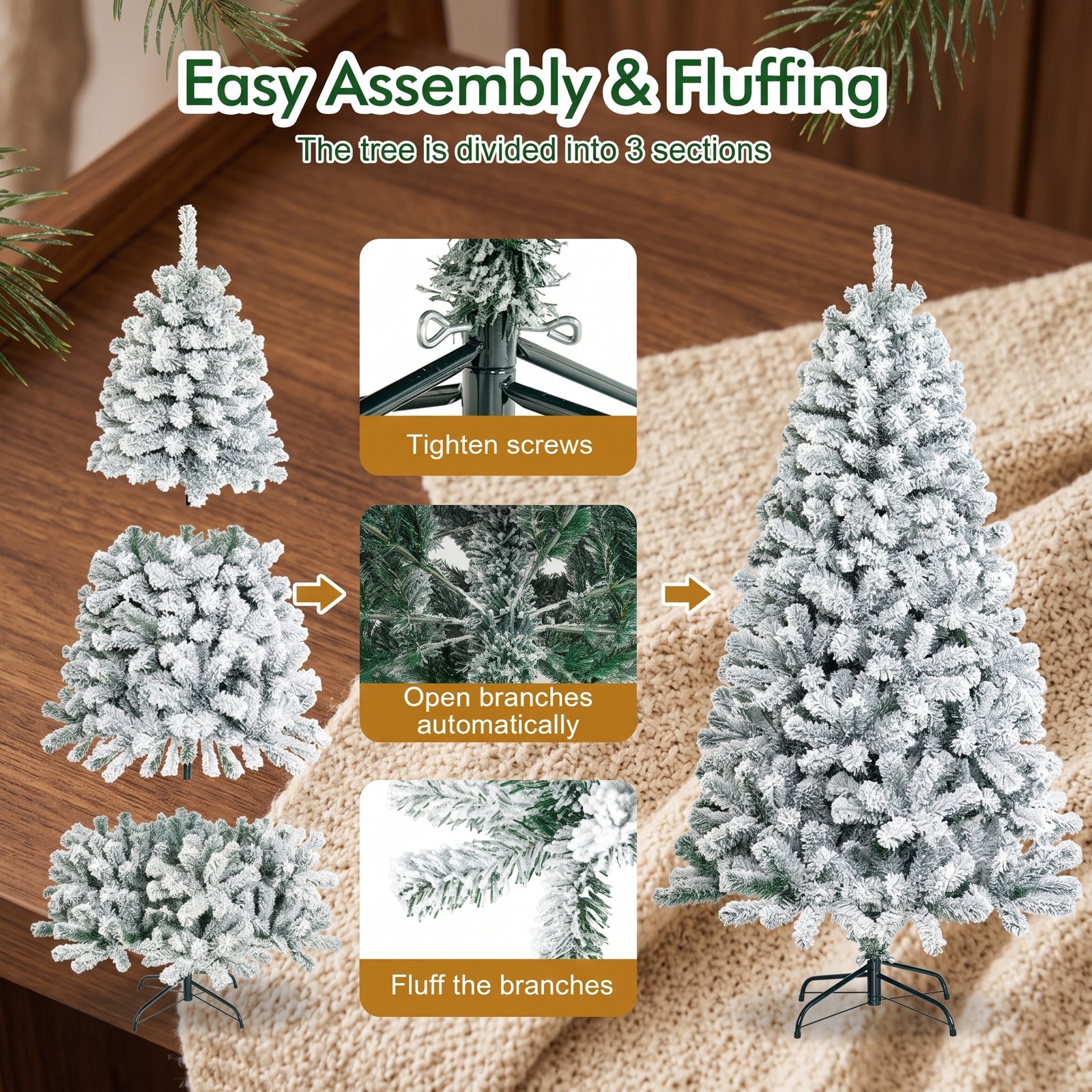 RUIE 6 FT Artificial Christmas Tree, Snow Flocked Hinged Full Xmas Tree with Metal Stand, 600 Branch Tips PVC Holiday Tree for Home Apartment Party Indoor, White