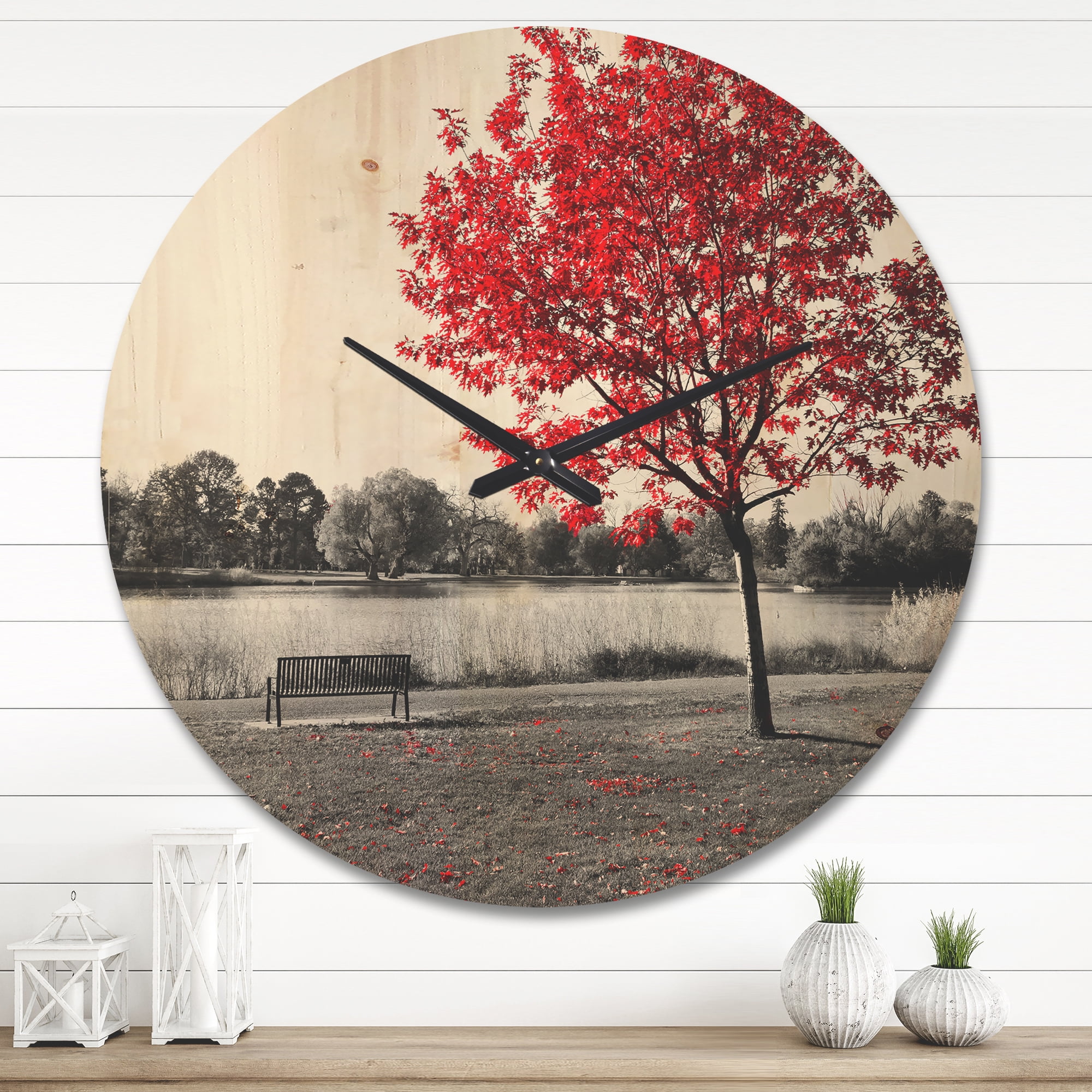 Designart 'Red Tree over Monochrome Park Bench' Modern Wood Wall Clock