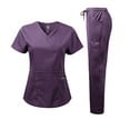 thumbnail image 1 of Dagacci Medical Uniform Women's Scrub Set Natural Stretch Y-Neck Stitch Tape Top and Pants (Eggplant,X-Small), 1 of 4