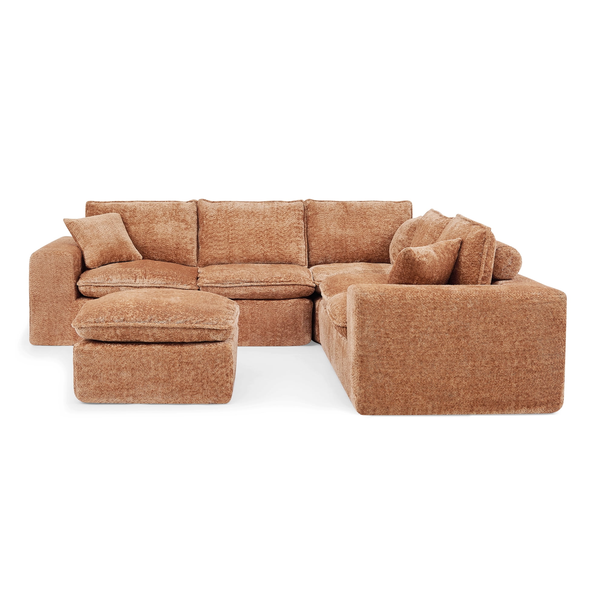 107" Modular 6 Seats Sectional Sofa Boucle Cloud Couch L Shape with Ottoman Deep Seat Comfy Living Room Sofa with Pillows, No Assembly, Orange