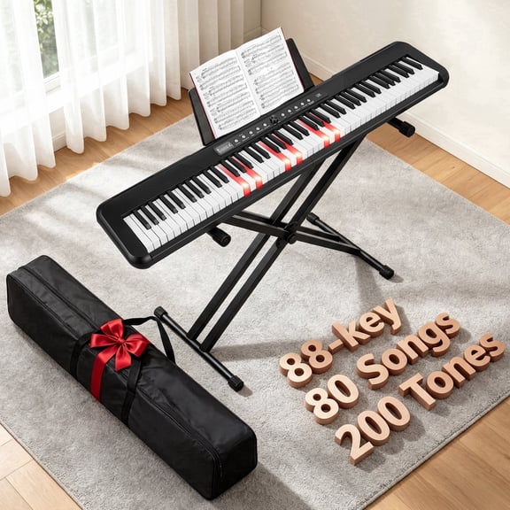 RELOIVE 88 Key Electric Keyboard Piano with Piano Stand,Keyboard Piano Kit with 200 Tones,200 Rhythms and 80 Demos,LCD Display for Beginners