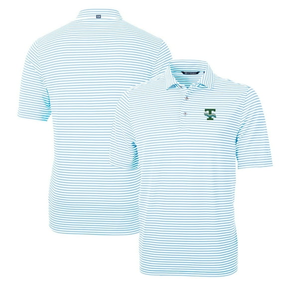 Men's Cutter & Buck Light Blue Tulane Green Wave Throwback Logo Virtue Eco Pique Stripe Recycled Polo