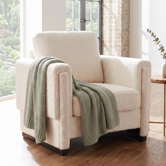 Euroco Modern Upholstered Accent Chair with Armrests, Boucle Fabric Armchair Comfy Reading Chair with Solid Wood Legs & Thick Cushion, Square Arm Club Chair for Living Room Bedroom Office,Beige