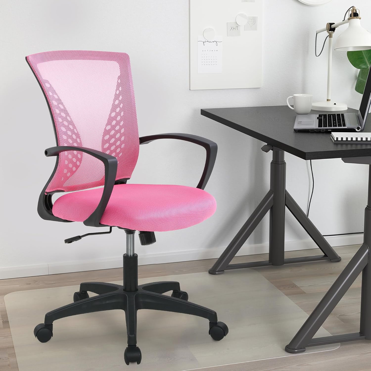 YRLLENSDAN Mesh Office Chair with Wheels Conference Room Chair Mesh Computer Chair for Adults 250lb Rolling Desk Chair with Arms Study Chair Adjustable Height,Pink