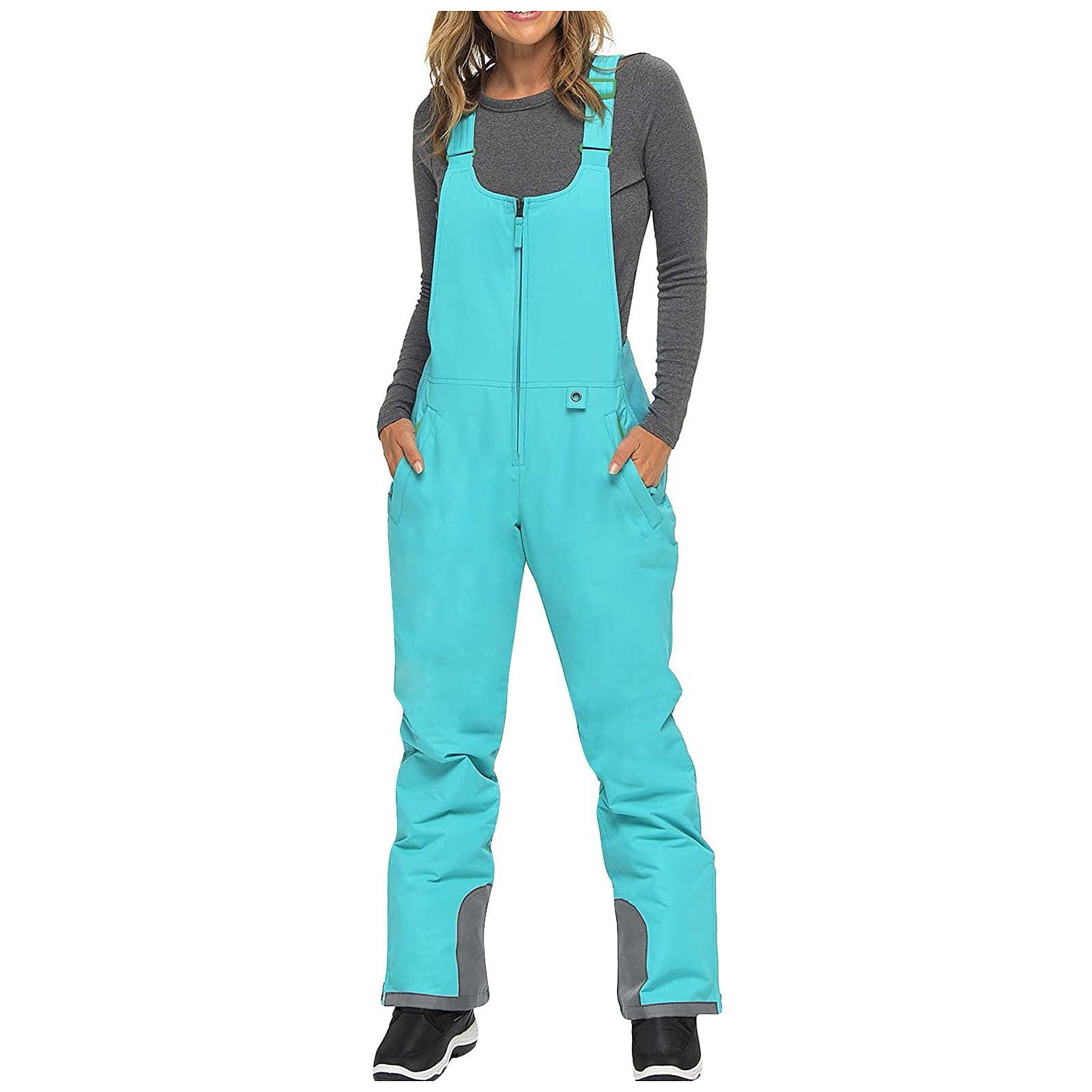 Women Insulated Bib Overalls Solid Color Pocket One-Piece Suspenders Snow Pants Winter Outdoor Sports Jumpsuit Trousers