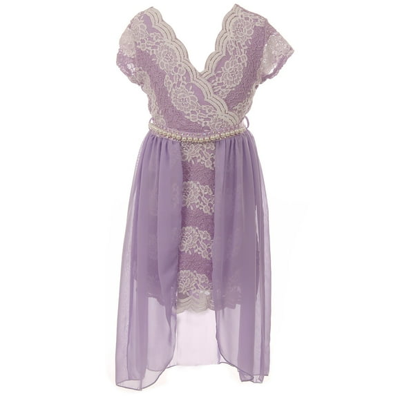 Little Girls Elegant V Neck Glitter Floral Lace Chiffon Rhinestone Pageant Flower Girl Dress Lavender 4 (2J1K4S3)