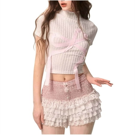 Besolor Womens Smocked Lace Bloomers Shorts Cute Elastic Waist Mini Shorts Ruffle Tiered Pajama Shorts Sleepwear