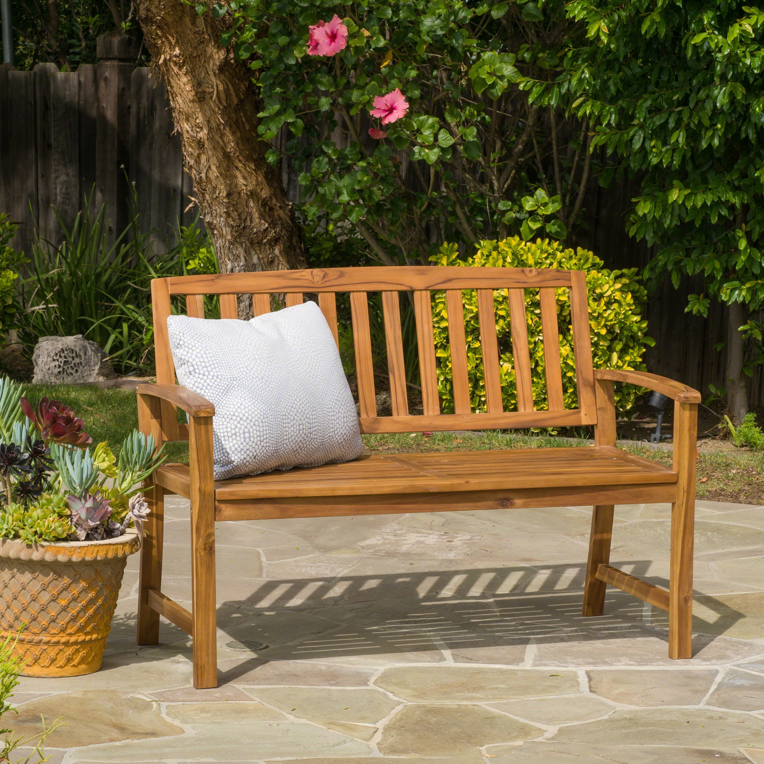 Outdoor Farmhouse Style Wood Leisure Bench, Retro Rest Seat for Patio Garden, Teak