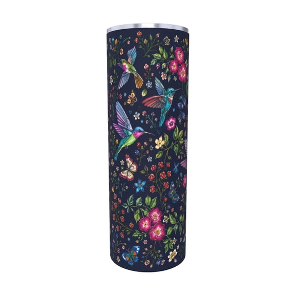 20oz Colorful Hummingbird Floral Travel Tumbler with Handle and Straw Lid Navy Insulated Car Coffee Cup Gift for Women with Straw
